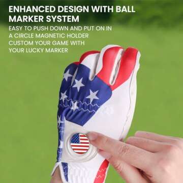 Golf Gloves Men Right Handed Golfer Left Hand with Ball Marker 2 Pack Leather Breathable Comfortable Weathersof Grip Size Small Medium ML Large XL (White&USA Flag, Large(Worn on Left Hand))