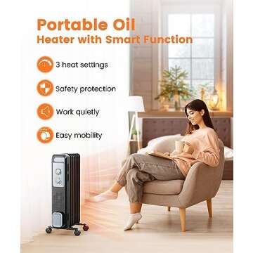 Joy Pebble Oil Filled Radiator Heater, Portable Electric Heater, 1S Rapid Heat, 3-Level Adjust, Tip-over&Overheat Protection, Portable Space Heater with 4 Wheels and Handle, 1200W Oil Heaters for Home