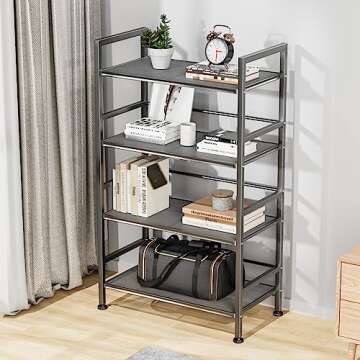 EKNITEY Adjustable Metal Kitchen Shelf 4 Tier Bathroom Shelves Organizer Utility Storage Shelving Unit with 4 Hooks for Pantry Laundry Home Office(Grey)