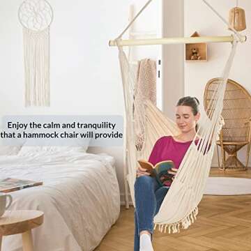 BDECORU Hanging Hammock Chair Swing - Outdoor & Indoor Hammock Swing Chairs for Outside or Inside of Home, Swing Hanging Chair with Footrest - Includes 2 Cushions, Storage Bag, & Hanging Kit - Beige