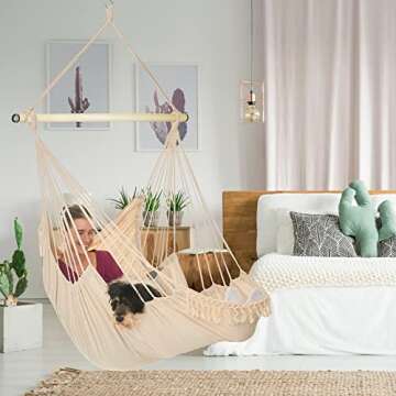 BDECORU Hanging Hammock Chair Swing - Outdoor & Indoor Hammock Swing Chairs for Outside or Inside of Home, Swing Hanging Chair with Footrest - Includes 2 Cushions, Storage Bag, & Hanging Kit - Beige