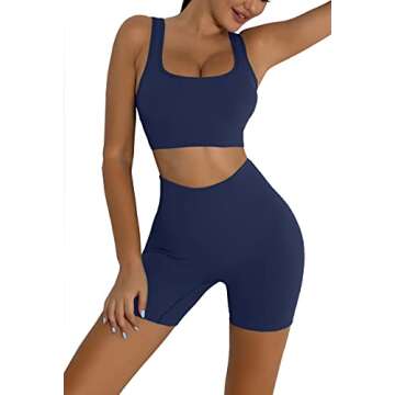 fatty tiger Women Navy Padded Sports Bra Ribbed Fitness Workout Running Sport Bra Seamless Yoga 2 Piece Outfits Active Tracksuit M