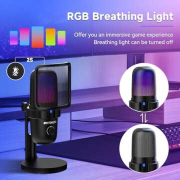 Retekess TG201 Gaming Microphone, Noise Cancellation Condenser mic with Mute, Turnable RGB Lights, Monitoring, Card/Omin, Streaming Microphone, Compatible with PS4/5, MacOS, Windows