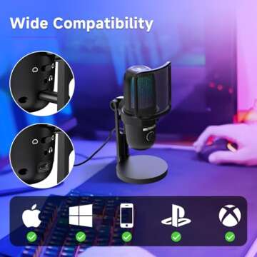 Retekess TG201 Gaming Microphone, Noise Cancellation Condenser mic with Mute, Turnable RGB Lights, Monitoring, Card/Omin, Streaming Microphone, Compatible with PS4/5, MacOS, Windows