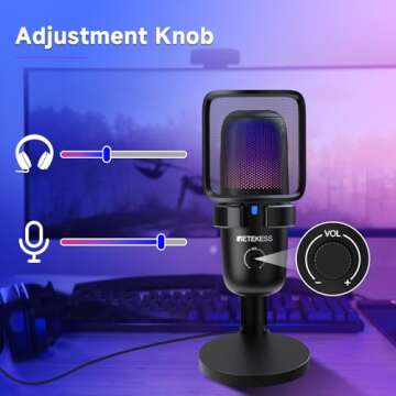 Retekess TG201 Gaming Microphone, Noise Cancellation Condenser mic with Mute, Turnable RGB Lights, Monitoring, Card/Omin, Streaming Microphone, Compatible with PS4/5, MacOS, Windows