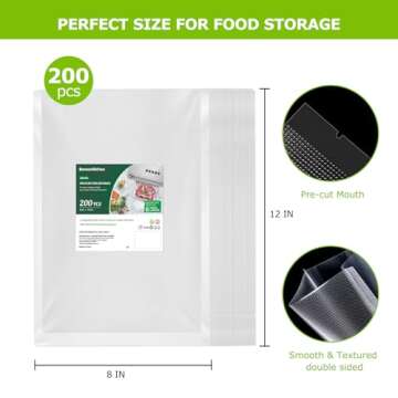 Bonsenkitchen Vacuum Food Sealer Bags 200 Quart 8" x 12", BPA Free, Commercial Grade Textured Food Vacuum Sealer Bag, Thick Embossed Bags for Food Storage and Sous Vide Cooking VB3208