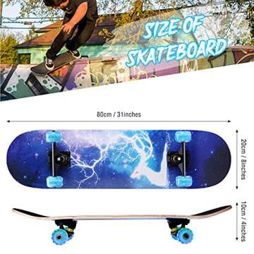 Skateboards for Beginners Kids Boys Girls Adults Teens, 31 INCH Standard Complete Skateboard, 9 Layer Maple Wood Double Kick Concave Skate Board with LED Light Up Wheels