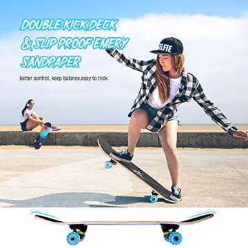 Skateboards for Beginners Kids Boys Girls Adults Teens, 31 INCH Standard Complete Skateboard, 9 Layer Maple Wood Double Kick Concave Skate Board with LED Light Up Wheels