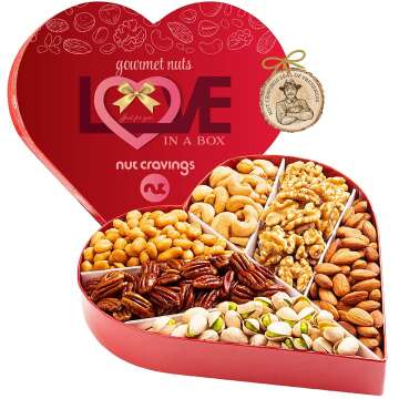 Gourmet Nuts Gift Basket, Love in A Box Heart Shaped Romantic Arrangement (6 Assortments) Purim Mishloach Manot Gourmet Food Bouquet Platter, Birthday Care Package, Healthy Kosher Snack Tray