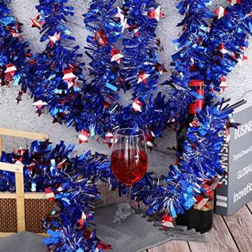 WILLBOND 4th of July Patriotic Tinsel Garland Decoration Red White Blue Metallic Chunky Glitter Tinsel for Independence Day Memorial Day Celebration Holiday Decorations (6 Pieces,40 Feet)