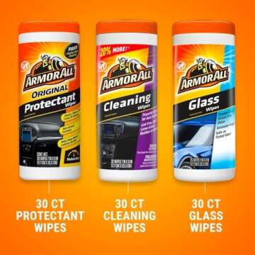 Armor All Protectant, Glass and Cleaning Wipes, Wipes for Car Interior and Car Exterior, 30 Count Each (Pack of 3)