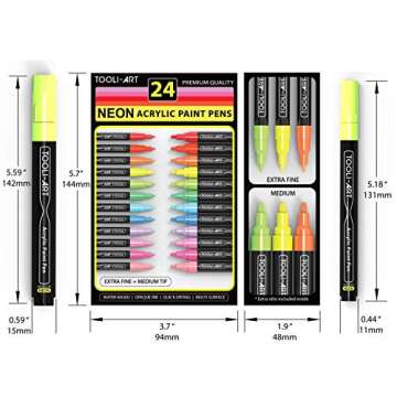 TOOLI-ART Acrylic Paint Markers Paint Pens Special Colors Set Extra Fine And Medium Tip Combo For Rock Painting, Canvas, Fabric, Glass, Mugs, Wood, Ceramics, Plastic, Multi-Surface. Non Toxic, (NEON)