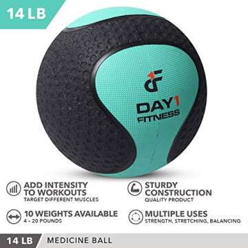 Medicine Exercise Ball with Dual Texture for Superior Grip by Day 1 Fitness - 14 Pounds - Fitness Balls for Plyometrics, Workouts - Improves Balance, Flexibility, Coordination