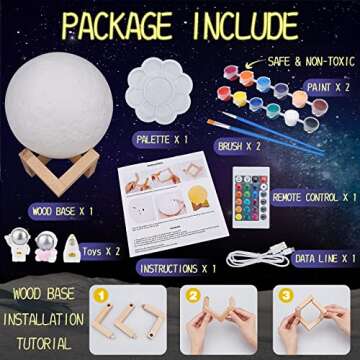 Minleway 16 Colors Rechargeable Paint Your Own Moon Lamp Kit, DIY Night Light Arts & Crafts Kit Gift for Kids, Women,Teen Girls Boy Birthday Ages 5 6 7 8 9 10 11 12 Christmas Gifts Home Décor