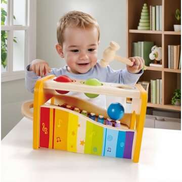 Hape Pound, Tap, & Shake! Music Set - Award Winning Wooden Pounding Bench, Baby Xylophone, and Tap Along Tambourine - Developmental, Non-Toxic, Montessori Musical Toys for Toddlers 1-4 Years Old