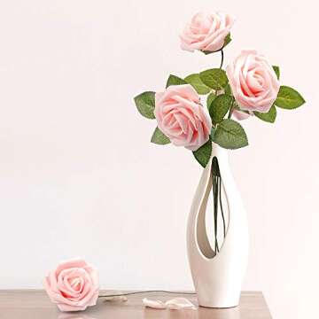 Mocoosy 50Pcs Rose Artificial Flowers, Blush Pink Roses for Decoration, Real Touch Foam Fake Roses Bulk with Stems DIY Wedding Bouquet Centerpiece Floral Arrangement Valentine's Party Home Table Decor