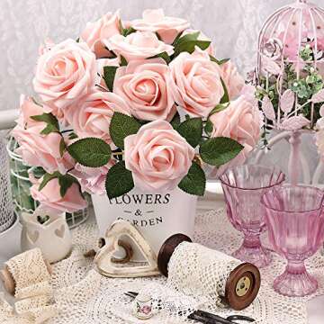 Mocoosy 50Pcs Rose Artificial Flowers, Blush Pink Roses for Decoration, Real Touch Foam Fake Roses Bulk with Stems DIY Wedding Bouquet Centerpiece Floral Arrangement Valentine's Party Home Table Decor