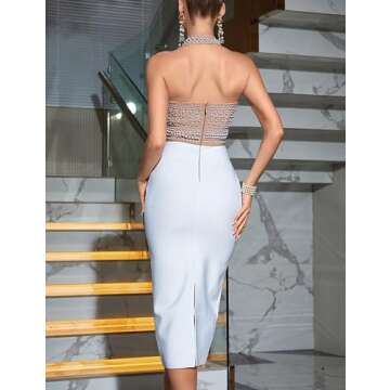 Fashion Patchwork Beaded Halter Backless Sexy Bandage Dress Bodycon Celebrity Evening Club Party Dress (White, S)