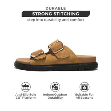 Project Cloud 100% Genuine Leather Slides for Women Platform Sandals Women Comfortable Summer Sandals Memory foam Insole Womens Slides with Straps - Casual Wear Womens Sandals (Sharl, Tan, 6.5)