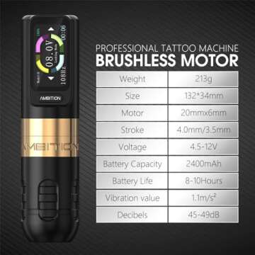 Ambition Zetton Wireless Tattoo Machine with Extra 2400mAh Battery Brushless Motor Straight Drive Bar Color Touch Display Rotary Tattoo Gun Cartridge Pen Supply for Professional Tattoo Artists