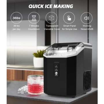 Nugget Ice Maker Countertop, Crushed Chewable Ice Maker, Self Cleaning Ice Makers with One-Click Operation, 34Lbs/24H, Pebble Portable Ice Machine with Ice Scoop for Home Bar Camping RV