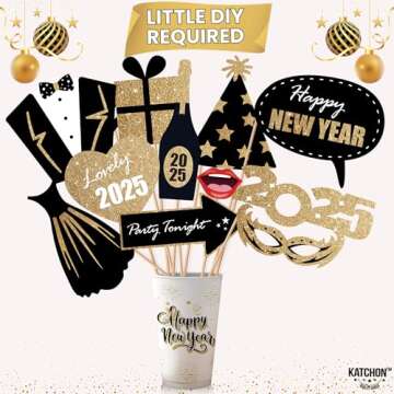 KatchOn, Glitter New Years Photo Booth Props 2025 - Pack of 32 | New Years Eve Photo Booth Props 2025, Happy New Years Decorations 2025 | New Years Photo Props 2025, New Years Eve Party Supplies 2025