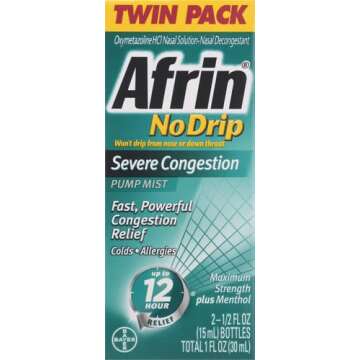 Afrin No Drip Severe Congestion Maximum Strength Nasal Spray - 12 Hour Nasal Spray Relief for Nose Congestion, Nasal Swelling, and Allergies - 2 x 0.5 Fl Oz Bottles - Pack of 1