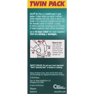 Afrin No Drip Severe Congestion Maximum Strength Nasal Spray - 12 Hour Nasal Spray Relief for Nose Congestion, Nasal Swelling, and Allergies - 2 x 0.5 Fl Oz Bottles - Pack of 1