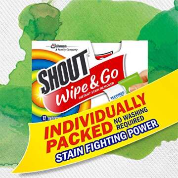 Shout Wipes Stain Remover for Clothes Laundry, Instant Stain Remover Wipes Individually Wrapped, Travel Essentials, Works on Everyday Stains, 12 Wipes per Carton - (6 Cartons, 72 Total Wipes)