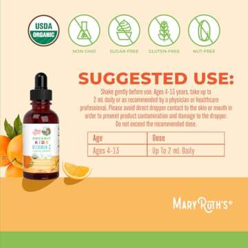 USDA Organic Kids Vitamin C Drops by MaryRuth’s | Vegan Vitamin C Immune Support Supplement for Ages 4-13 | Immune Support & Overall Health | Vitamin C from Organic Acerola Fruit Extract | 2oz