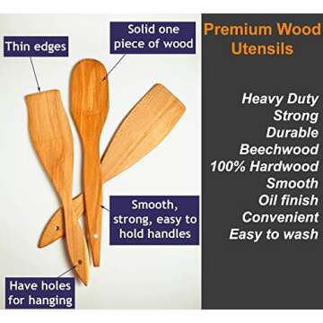 ECOSALL 6 Wooden Spoons for Cooking – Made in Ukraine 100% Natural Healthy Nonstick Wooden Spatula Spoons - Premium Solid Wood Cooking Utensils Set - Strong, Durable Eco Hardwood Beechwood Spoons Set