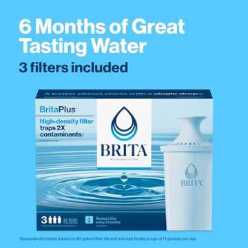 Brita Plus Water Filter, BPA-Free, High-Density Replacement Filter for Pitchers and Dispensers, Reduces 2x Contaminants*, Lasts Two Months or 40 Gallons, Includes 3 Filters