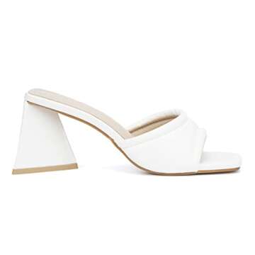 Olivia Miller Women’s Fashion Ladies Shoes, White PU Vegan Leather Trendy Party Single Open Toe Strap, Slide On 2 Inch Low Mid Triangle Block Heel Sandals