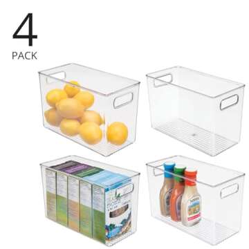 mDesign Plastic Food Storage Container Bin with Handles - for Kitchen, Pantry, Cabinet, Fridge/Freezer - Narrow for Snacks, Produce, Vegetables, Pasta - BPA Free, Food Safe - 4 Pack, Clear