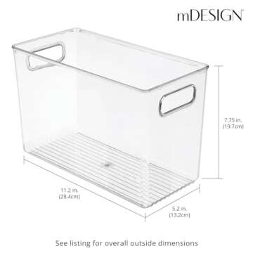 mDesign Plastic Food Storage Container Bin with Handles - for Kitchen, Pantry, Cabinet, Fridge/Freezer - Narrow for Snacks, Produce, Vegetables, Pasta - BPA Free, Food Safe - 4 Pack, Clear