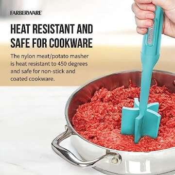 Farberware Heat Resistant Nylon Meat and Potato Masher Safe for Non-Stick Cookware, 10 inch, Aqua