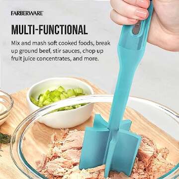 Farberware Heat Resistant Nylon Meat and Potato Masher Safe for Non-Stick Cookware, 10 inch, Aqua