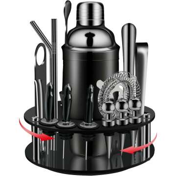 X-cosrack Bartender Kit: 19-Piece Matte Black Cocktail Shaker Set with Rotating Stand,Stainless Steel Bar Tools Set for a Fantastic Mixing Experience, Ideal as Gift or for Home