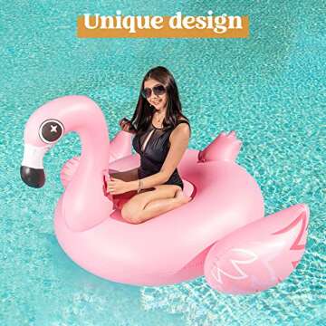 JOYIN Giant Flamingo Inflatable Pool Float - Pink Flamingo Fun Beach Floaties, Swimming Pool Party Lounge inflatable island, Large Blow Up Ride on Pool Raft Summer Birthday Decorations for Adults Kids