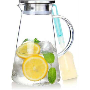 SUSTEAS 2.0 Liter 68oz Glass Pitcher with Lid, Easy Clean Heat Resistant Glass Water Carafe with Handle for Hot/Cold Beverages - Water, Cold Brew, Iced Tea & Juice, 1 Free Long-Handled Brush Included