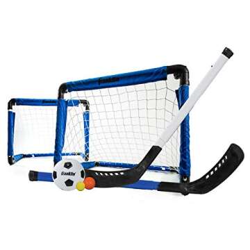 Franklin Sports Indoor Mini Goal Sports Set - 3 in 1 Kids Indoor Goal Set - Indoor Mini Floor Hockey, Knee Hockey, and Mini Soccer Set for Kids, Blue, 22 x 17.5-Inch