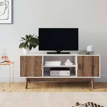 Nathan James Wesley Scandinavian TV Stand Media Console with Wooden Frame and Cabinet Doors, White/Rustic Oak