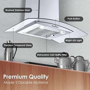 Range Hood 30 Inch, Tieasy Wall Mount Kitchen Hood with Ducted/Ductless Convertible Duct, Stainless Steel Chimney and Baffle Filter, 3-Speed Push Button, LED Lights