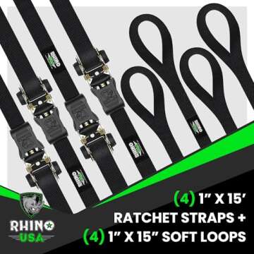 Rhino USA Ratchet Tie Down Straps (4PK) - 1,823lb lab Inspected Max Break Strength, Includes (4) Premium 1" x 15' Rachet Tie Downs with Padded Handles. Best for Moving, Securing Cargo (Black 4-Pack)