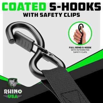 Rhino USA Ratchet Tie Down Straps (4PK) - 1,823lb lab Inspected Max Break Strength, Includes (4) Premium 1" x 15' Rachet Tie Downs with Padded Handles. Best for Moving, Securing Cargo (Black 4-Pack)