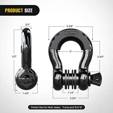 Nilight - 90052B 2 Pack 3/4" D-Ring Shackle 4.75 Ton (9500 Lbs) Capacity with 7/8" Pin Heavy Duty Off Road Recovery Shackle with Isolators & Washer Kit for Jeep Truck Vehicle , Black