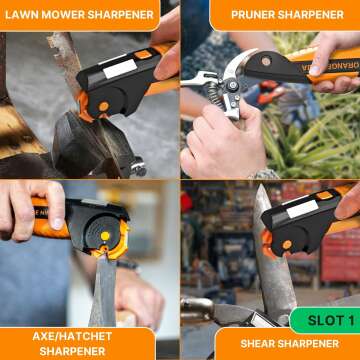 Orange Ninja All-in-1 Garden Tool & Knife Sharpener for Lawn Mower Blade,Scissors, Axe, Hatchet, Machete, Pruner, Hedge Shears by Sharp Pebble