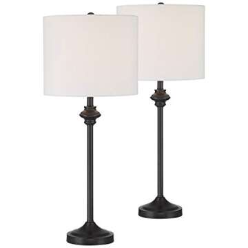 360 Lighting Lynn 26" Tall Skinny Buffet Modern Table Lamps Set of 2 Black Metal Fabric White Shade Living Room Bedroom Bedside Nightstand House Office Home Reading Kitchen Entryway Console Family