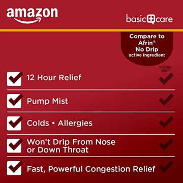 Amazon Basic Care No Drip Nasal Spray, 12 Hour Nasal Decongestant, Pump Mist, Oxymetazoline HCl, Cold and Allergy Nasal Spray, 1 fl oz (Pack of 1)