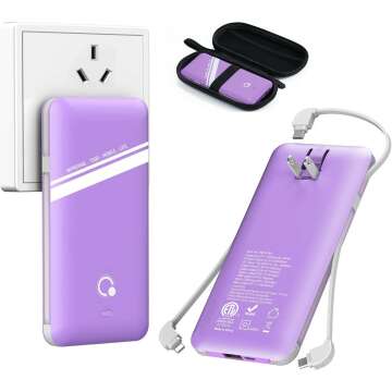 10000mAh Power Bank, Q Slim Portable Charger,4 Output External Battery Pack with Built-in AC Wall Plug Micro USB C Three Cables Compatible with Different Kinds of Mobilephone (Purple)